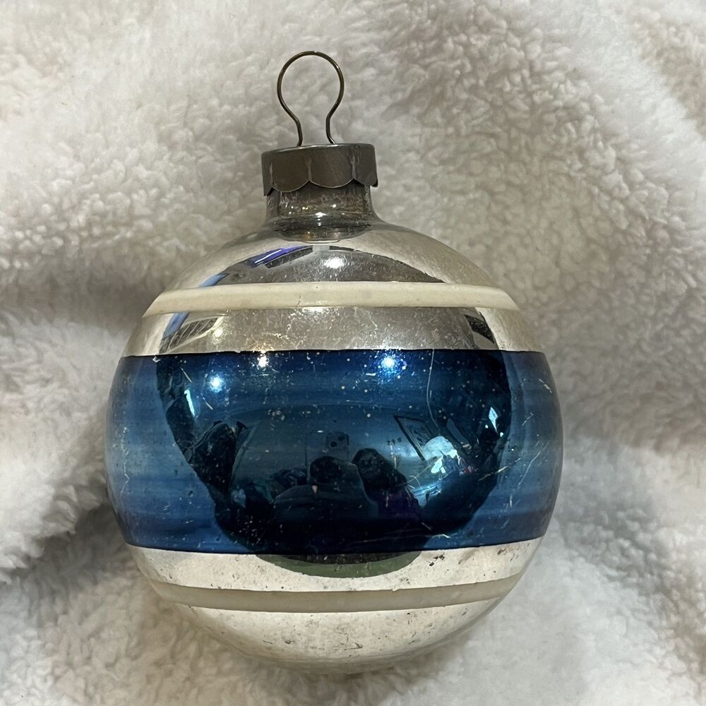 Vintage Christmas Ornament Mercury Glass Ball Silver W/ White & Blue Stripes USA